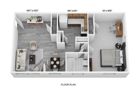 a 1 bedroom floorplan with a bathroom and a living room